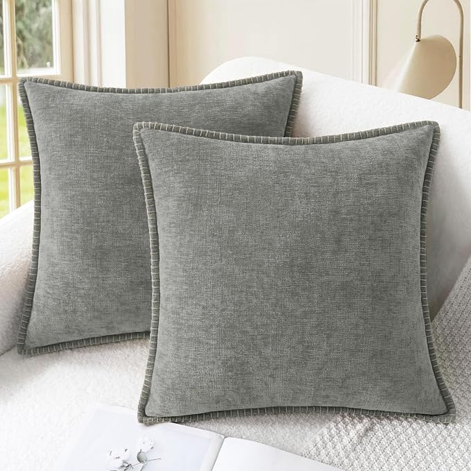 CaliTime Decorative Couch Throw Pillow Covers 24 X 24 Inches Medium Grey | Pack of 2, Cozy Chenille Cushion Cases, Cotton Thread Stitching Edges, for Sofa Bed Living Room Farmhouse