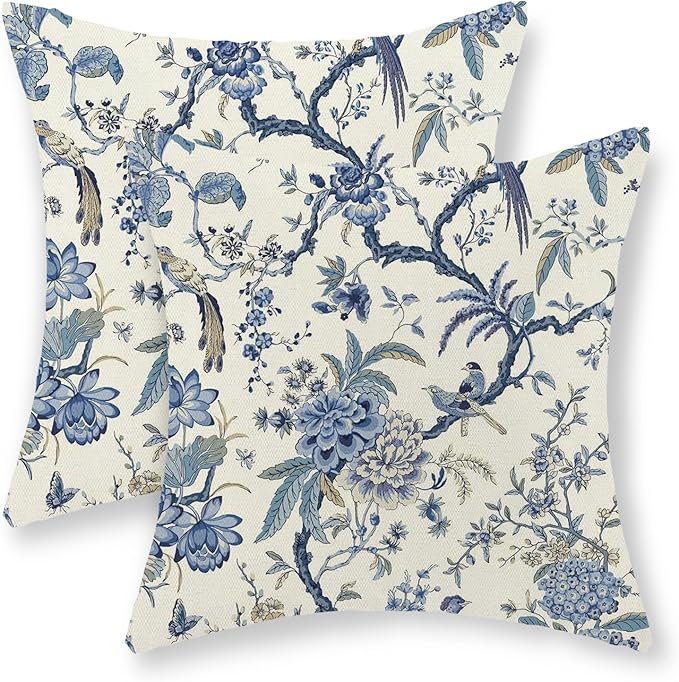 Chinoiserie Floral Bird Pillow Covers 24x24 Set of 2 Blue Chinoiserie Flowers Decorative Pillow Cases Outdoor Decor Blue and Cream Throw Pillows Farmhouse Linen Cushion Cover for Couch Home
