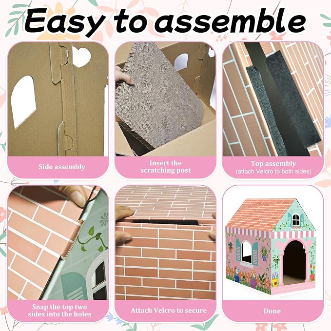 Cinrobiye Cardboard Cat House with Scratcher Spring Pet Board Bed Cave Playhouse Hideaway Hideout Condo Decor Small Animals Scratch Box for Indoor Cats Kittens Rabbits Bunny