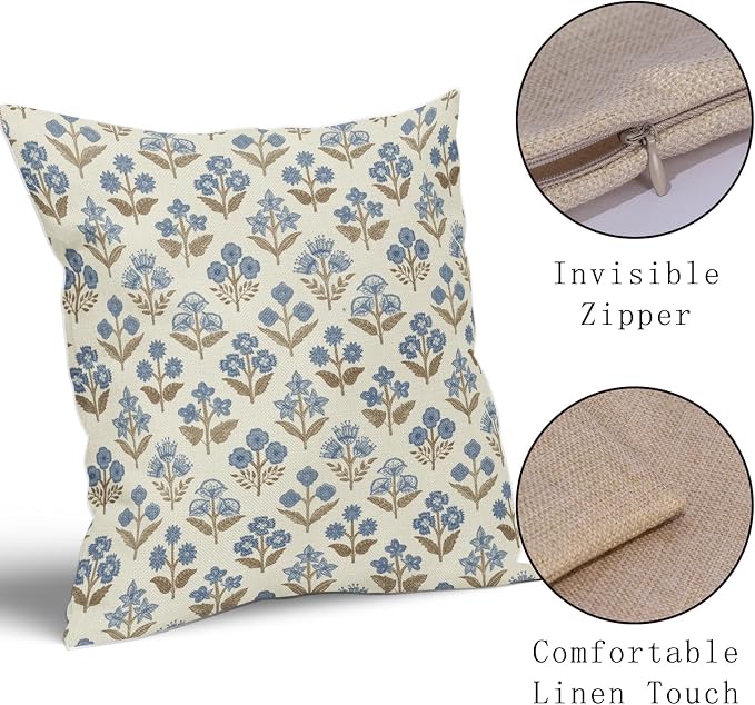 Brown Blue Floral Block Print Pillow Covers 16x16 Inch Set of 2, Vintage Flower Pattern Decorative Throw Pillowcases Outdoor Farmhouse Cushion Covers Spring Summer Rustic Sofa Couch Bed Decor