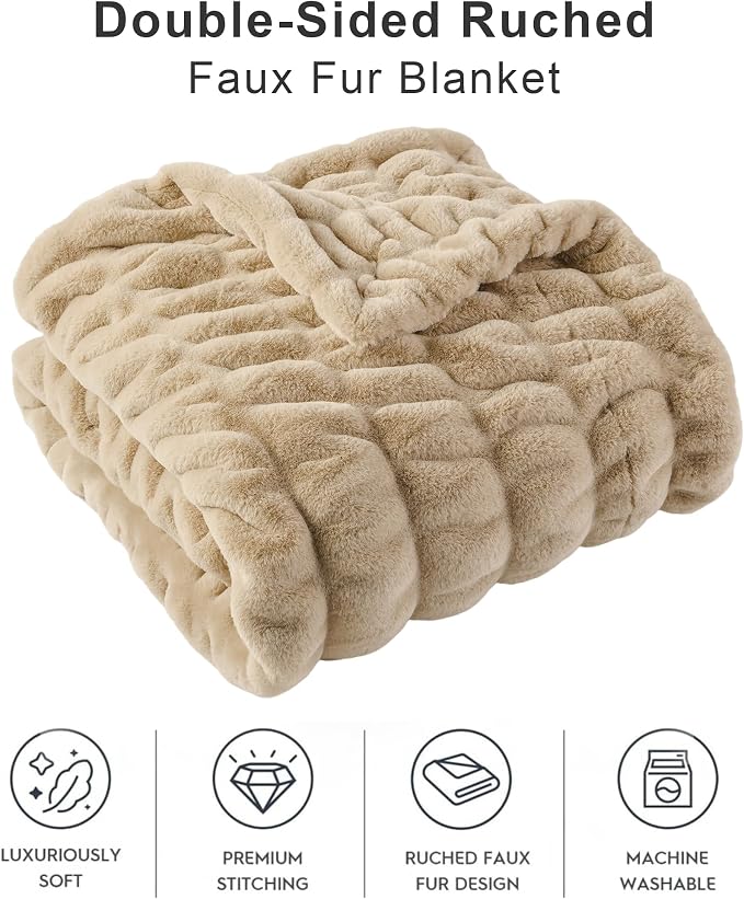 BATTILO Soft Faux Fur Throw Blanket for Couch, Double Side, 50"x60", Beige | Luxury Minky Couture Blanket, Beige Throw Blanket, Cozy Warm Soft Fluffy Faux Fur Blanket For Bed, Sofa Living Room