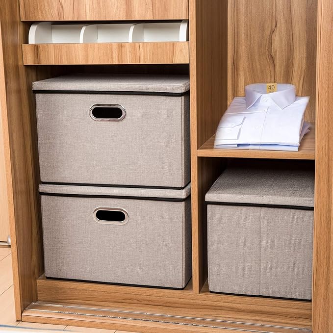 Large Foldable Storage Bin with Lid [1-Pack] Linen Fabric Decorative Storage Box Organizer Container Basket Cube with Handles Divider for Closet Office Living Room Light Grey(17.7x11.8x11.8)