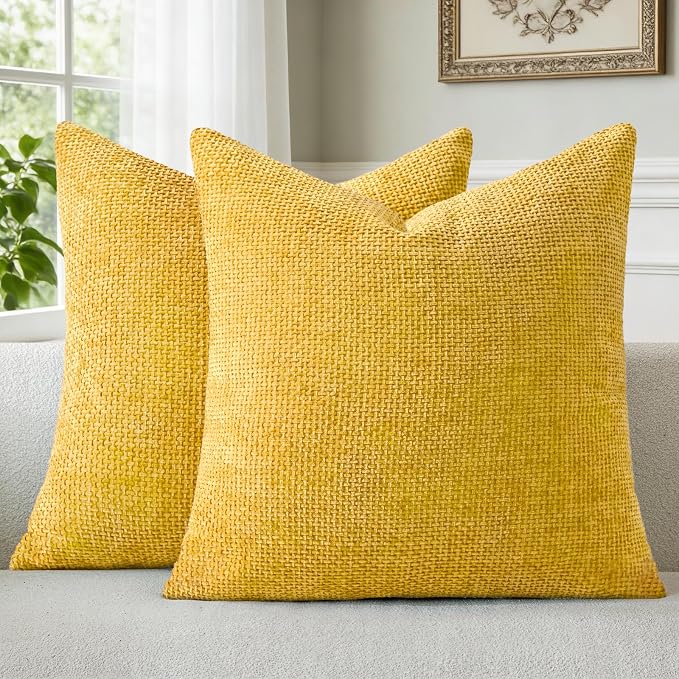 a moment Yellow Chenille Throw Pillow Covers 18x18 Inch Pack of 2 Modern Decorative Throw Pillow Covers Farmhouse Cross Covers Home Decor for Sofa Bedroom Living Room