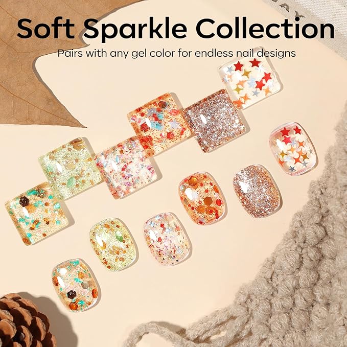 modelones Glitter Gel Nail Polish Set, 6 Colors Geometric Shapes Star Gold Glitter Ornament Gel Polish Collection with Wooden Stick All Seasons Soak Off LED Manicure DIY Gift