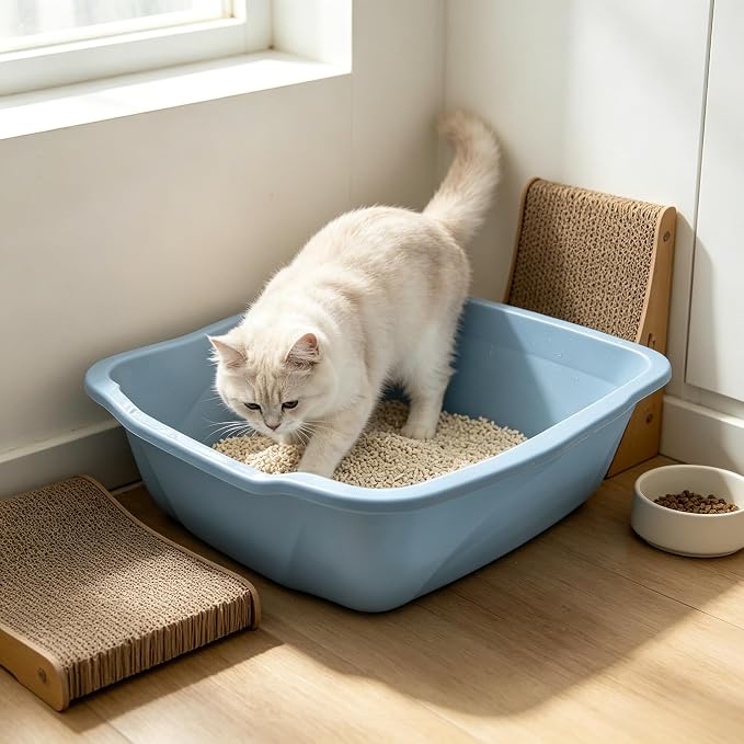 Large Open Top Cat Litter Pan Low Entry Sides Stain & Odor Resistant High | Plastic Litter Box for Kittens, Senior & Arthritic Cats Multi Cat Household, Made Blue Eco Recycled Pet Toilet Tray