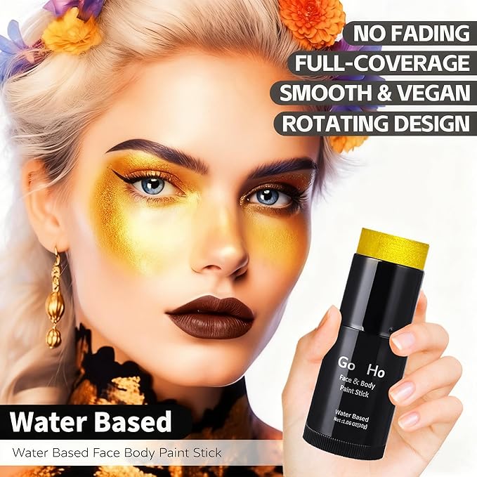 Go Ho Metallic Gold Face Body Paint Stick,Washable Gold Face Paint,Non-toxic Cream Body Paint for Halloween Costumes Cosplay SFX Makeup