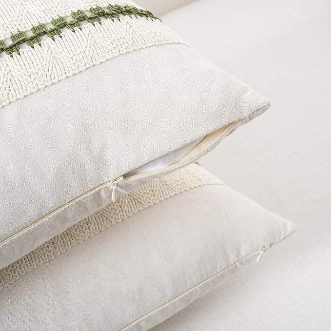 Fancy Homi Set of 1 Boho Moss Green Decorative Throw Pillow Cover 22x22 Inch for Couch Bed Sofa, Aesthetic Modern Organic Farmhouse Home Decor, Soft Cotton Cute Accent Macrame Woven Cushion Case