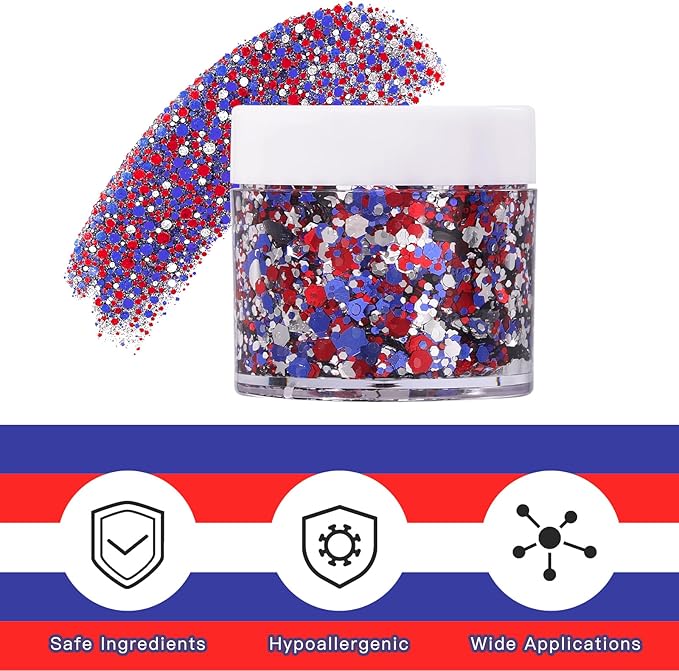 Red White Blue USA Flag Face Body Glitter, Pride Glitter Gel for Hair Nail Art, Holographic Chunky Sequins for Independence Day Patriotic Accessories 4th of July Festival Celebrations for Women