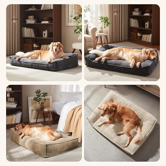 FURTIME XL Orthopedic Dog Bed Large Sized Dog, Extra Washable Dog Couch 42" | Supportive Thick Pet Sofa, Ergonomic Slant Dog Beds with Removable Cover, Ultra Soft Surface & Non-Slip Bottom, Beige