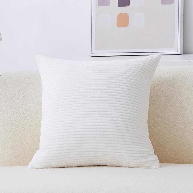 Home Brilliant Pillow Cover Summer Decorative Striped Throw Pillow Cover Soft Corduroy Plush Pillowcase 20x20 for Couch Sofa Bench Car Chair, 20 x 20 inch (50cm), Creamy White