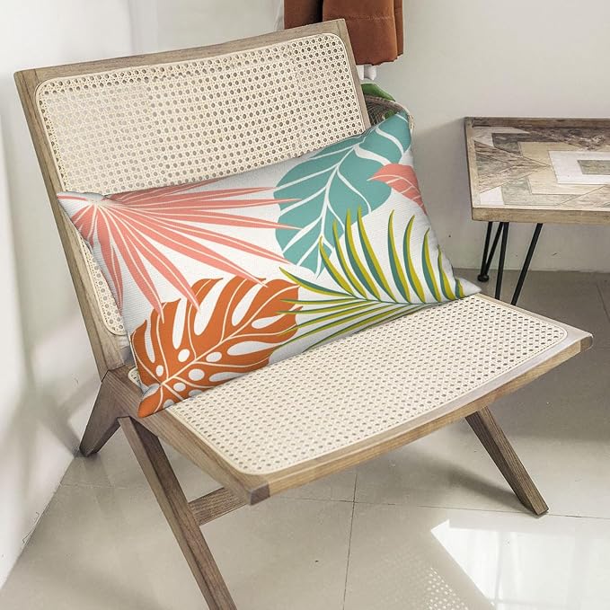 Summer Tropical Pillow Covers 12x20 Set of 2, Monstera Palm Leaf Pillowcase Green Orange Botanical Coral Summer Throw Pillows Outdoor Decor Farmhouse Cushion Case Linen Decorative for Home
