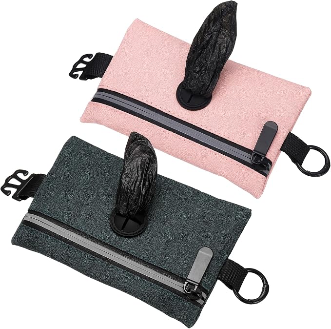Dog Poop Bag Holder, Pet Waste Bag Dispenser Dog Treat Pouch with Zipper Oxford Cloth Portable Reusable Easy Cleanup(2Pcs, Black/Pink), Intended for Outdoor/Travel/Walking