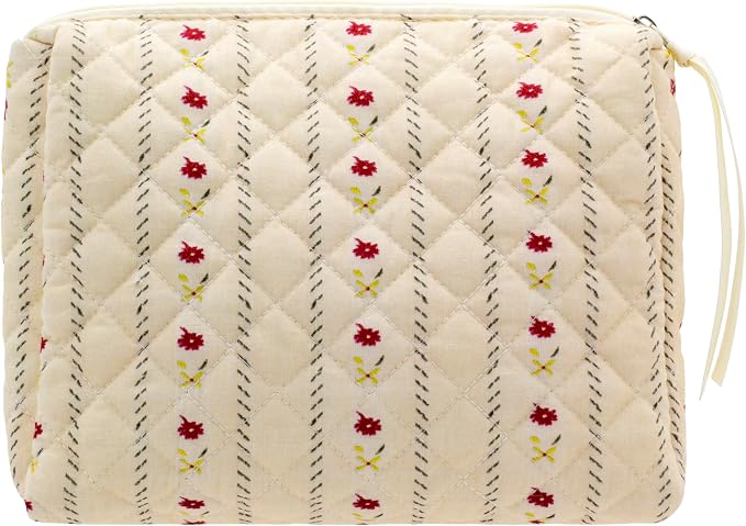 PAZIMIIK Quilted Makeup Bag Large Travel Zipper Soft Cosmetic Pouch for Women Girls Make Up,Little Flower Beige