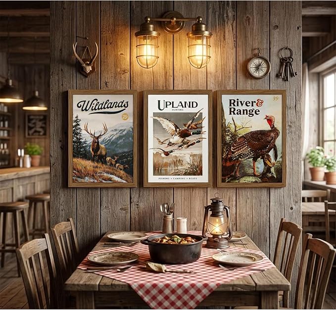 Hunting Wall Art Decor Deer Wildlife Prints Cabin Vintage Duck Pictures | Hunting Room Canvas Decor Rustic Animal Posters Fishing Mallard Duck Painting for Farmhouse Bedroom 12x16 Inch Framed 3Pcs