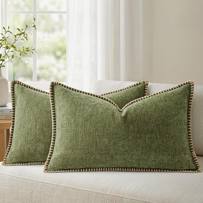 a moment Pack of 2 Decorative Chenille Throw Pillow Covers with Twill Cushion Covers for Sofa Living Room Couch Bed 20x12 Inch,Crafted Border Moss Green