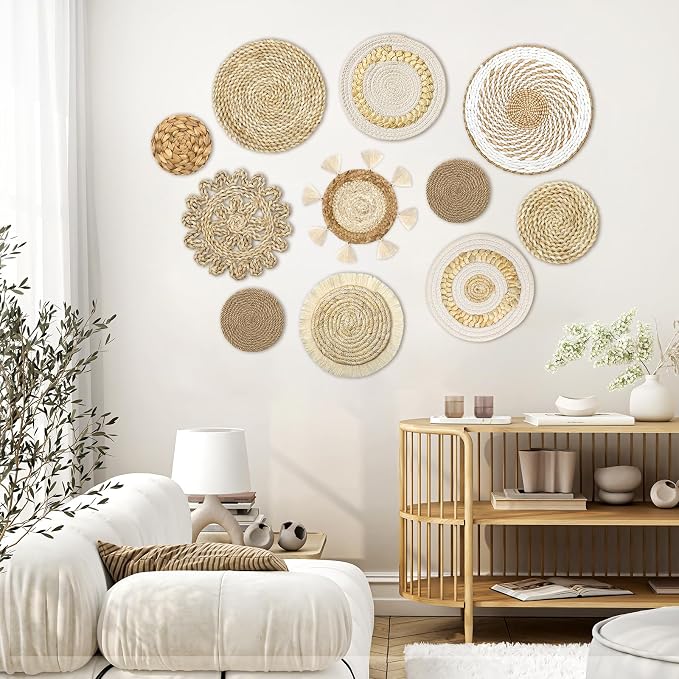 Set of 11 Boho Wall Basket Decor Wicker Woven Wall Basket Decoration | LOMOHOO Bohemian Handcrafted Round Basket Hanging Decor Bulrush Wall Art Decors for Living Room Rustic Home