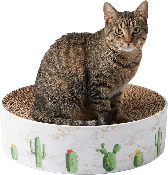 Kitty City Cactus Corrugate Scratcher Bed - Round Lounger Scratch Pad with Corrugated Cardboard, Horizontal Nail File Surface, Indoor Kitty Furniture, Cat Enrichment, Sleep, & Play, 15.5” x 15.5”
