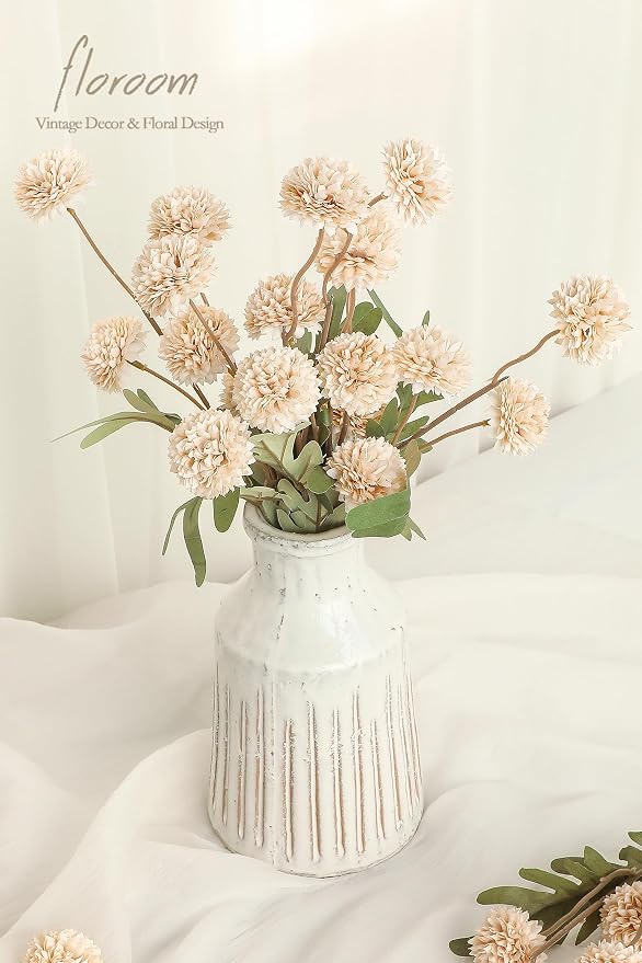 5pcs Beige Faux Silk Mums Artificial Flowers, Bulk Fake Small Mini Chrysanthemums with Stems for DIY Champagne Wedding Centerpieces Floral Arrangements Vase Fillers Home Decorations