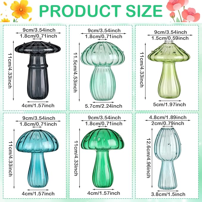 7 Pcs Glass Mushroom Vase Propagation Station with Hydroponic Plant and Artificial Fake Moss 6 Colored Plant Vase Table Centerpiece Decor for Forest Birthday Wedding Party Decoration (Green)