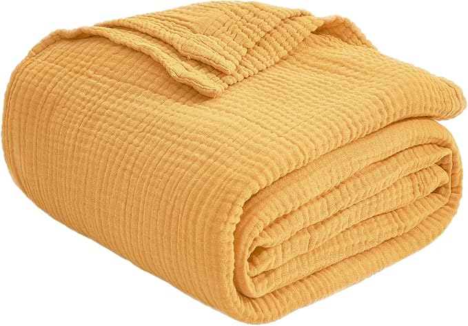 EMME Cotton Muslin Large Throw Blanket Couch Breathable Gauze Soft Lightweight Bed Blankets Adults (Heather Yellow, 50"x70")