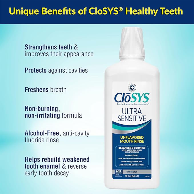 CloSYS Ultra Sensitive Mouthwash, 32 Oz, Alcohol Free Mouthwash, Unflavored Mouth Wash, Dye Free, pH Balanced, Helps Soothe Entire Mouth