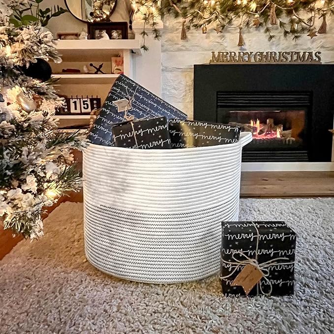 INDRESSME XXXLarge Woven Rope Blanket Basket Living Room White, 90L | 21.7" x 13.8" Storage baskets for toys laundry & pillows. Fits living room, bedroom or nursery décor. Soft-touch with handles