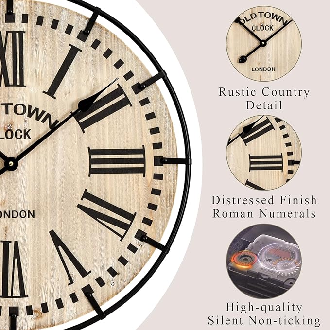 EMAX HOME Rustic Farmhouse Wall Clock 24 Inch, Vintage Oldtown London Wooden Large Clock with Silent Tick, for Bedroom, Office, Kitchen, Indoor Home Decoration