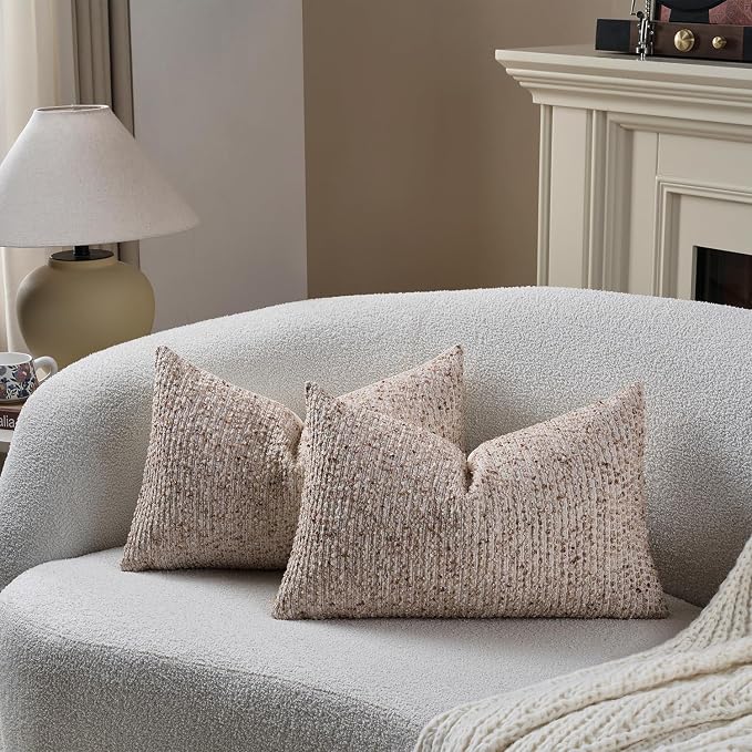 12x20 Beige Lumbar Pillow Cover Textured Boucle Striped Chic Morden Boho Accent Farmhouse Rectangular Decorative Couch Pillow Case for Home Decor Bed Sofa Living Room
