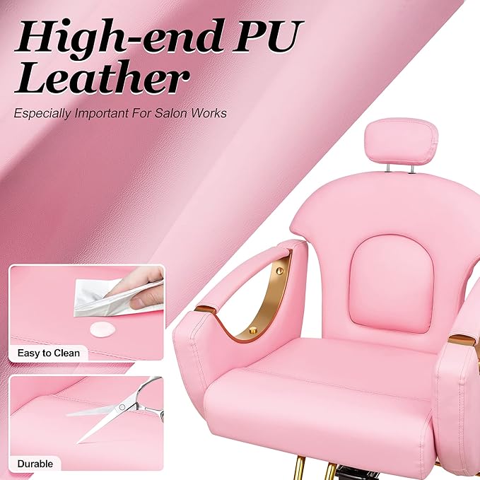 Baasha Ergonomic Reclining Salon Chair with Adjustable & Removable Headrest, Gold & Pink Hydraulic Styling Chair, Soft PU Leather, 135° Recline, 360° Swivel, Heavy-Duty Steel Frame, 330 lbs Capacity