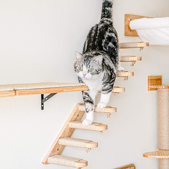 FUKUMARU Cat Climbing Shelf Wall Mounted, Small | Four Step Cat Stair, Natural Jute Scratching, Solid Rubber Wood, Kitten Shelves Furniture
