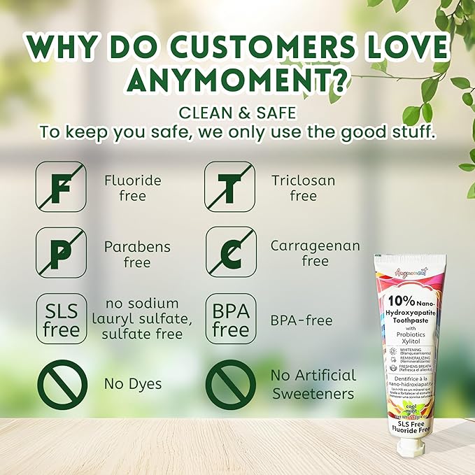 Anymoment 10% Nano Hydroxyapatite Toothpaste (Fluoride Free), Whitening*, Supports Enamel Care*, Appropriate for Sensitive Teeth*, SLS Free, Xylitol nHA Toothpaste for Adults, Mint 4oz (Pack of 3)