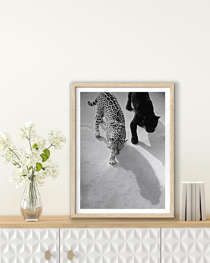 EcoHest 12x16 in Cheetah and Jaguar Walking Framed Wall Art | Natural Oak Wood Frame, Canvas Wall Art, Black and White Animal Fashion Decor for Living Room, Bedroom, Apartment, Dorm,1Pack