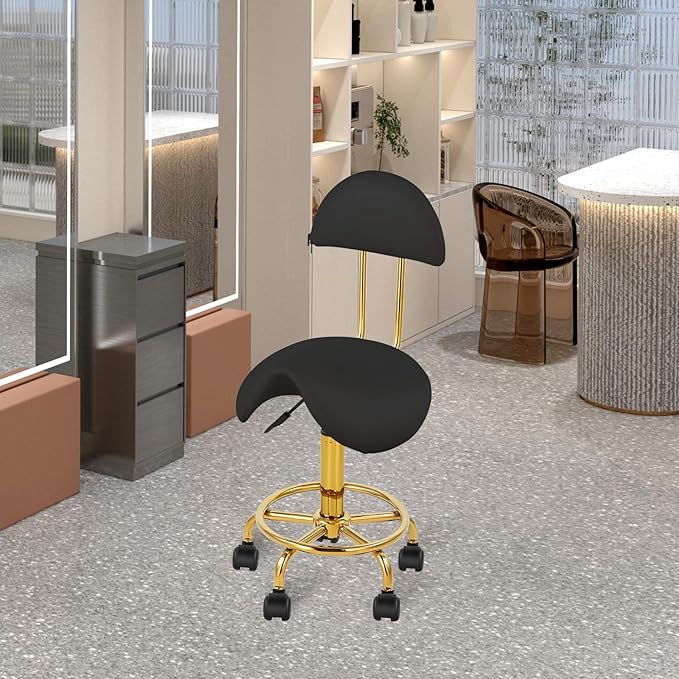 Saddle Chair Rolling Ergonomic Swivel Chair with Soft Comfortable Cushion and Wheels Hydraulic Adjustable Stool for Home Office Dental Tattoo Salon Shop Use with Backrest (BlackGold)