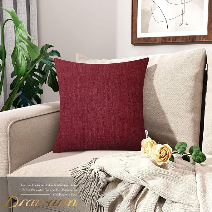 BRAWARM Throw Pillow Covers 20x20 Inches - Burgundy Chenille Pillow Covers Pack of 2, Solid Dyed Soft Chenille Pillow Cases for Couch Sofa Bed Home Decoration