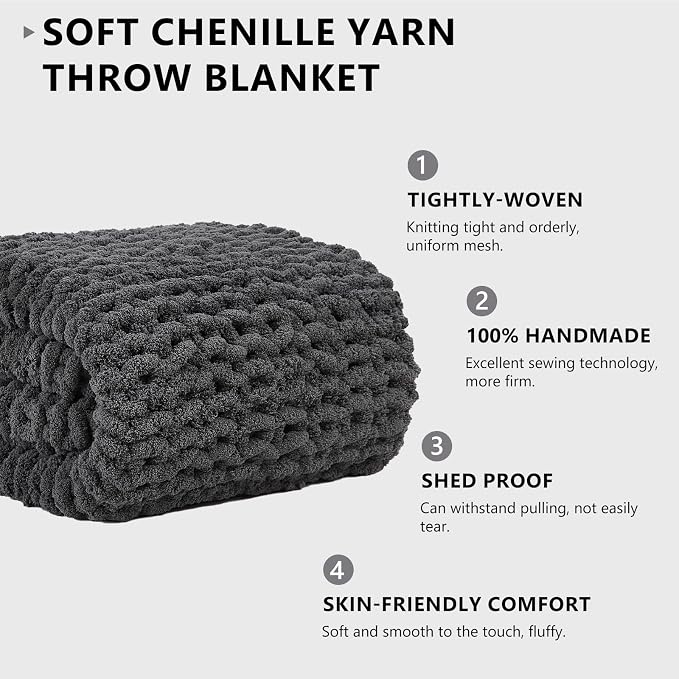 L'AGRATY Chunky Knit Throw Blanket for Couch, 60 x 80 Inches, Dark Grey | Handmade Chenille Crochet Blanket for Sofa Bed, Thick Cable Knitted Blankets for Room Home Decor, Birthday Gift for Women Mom