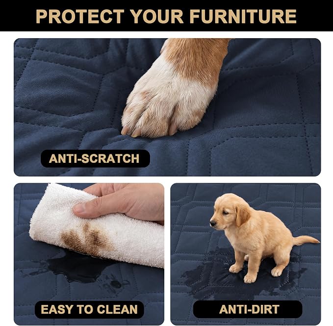 PrinceDeco Waterproof Couch Cover for Dogs Washable Dog Blanket for Bed Couch Sofa Outdoor Bed Cover with Anti-Slip Back(30.5x82 Inch,Navy) | Pet Friendly, Soft Fabric, Anti-Slip Back, Washable Durable Furniture Protector for Dogs Cat Kids, 30.5" x 82"...