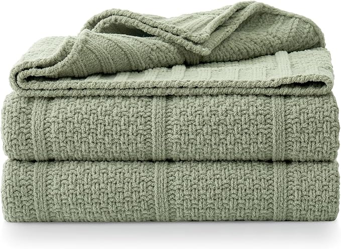 Premium Chenille Throw Blanket, Soft Cozy Moss Stitch Knit Blanket for Couch, Sofa, Chair, Home Decor, Sage Green 50"x60"