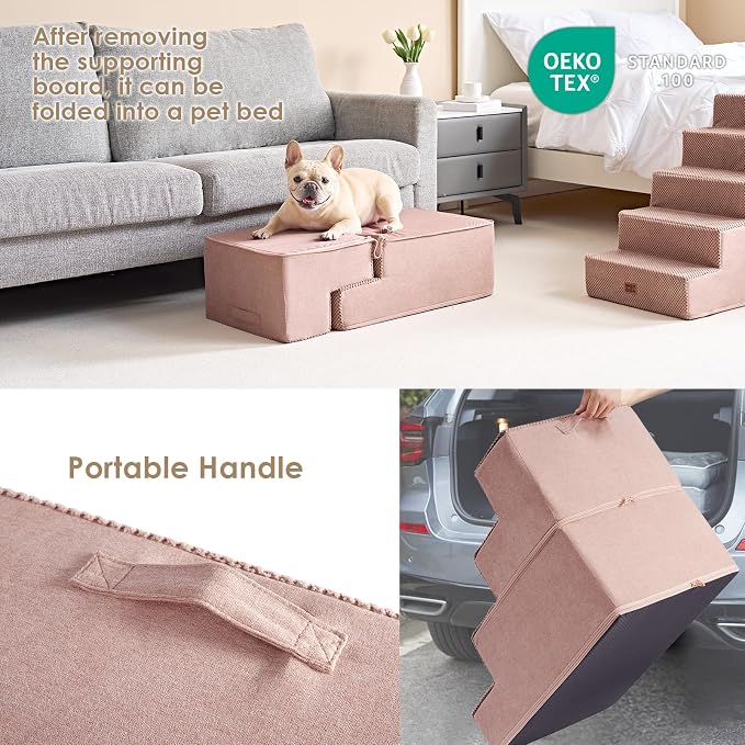 EHEYCIGA Dog Stairs for Bed 18" H, 4-Step Extra Wide Dog Steps for High Bed, Pet Steps for Small Dogs and Cats, Non-Slip Balanced Pet Ramp Indoor, Pink