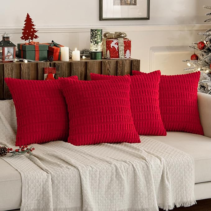 MIULEE Pack of 4 Christmas Decorative Throw Pillow Covers 20x20 Red | Neutral Rustic Farmhouse Boho Soft Striped Pillow Covers,Home Decor for Sofa,Living Room,Couch,Bed