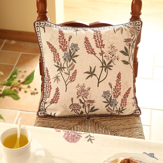 Designer Linen Throw Pillow Cover,Set of 2,18"x18"-Helena A | Vintage Elegant French Square Pillow Cover,Concealed Zipper Design,Floral Pattern,Sofas,Bedroom,Living Room,Lounge Chairs