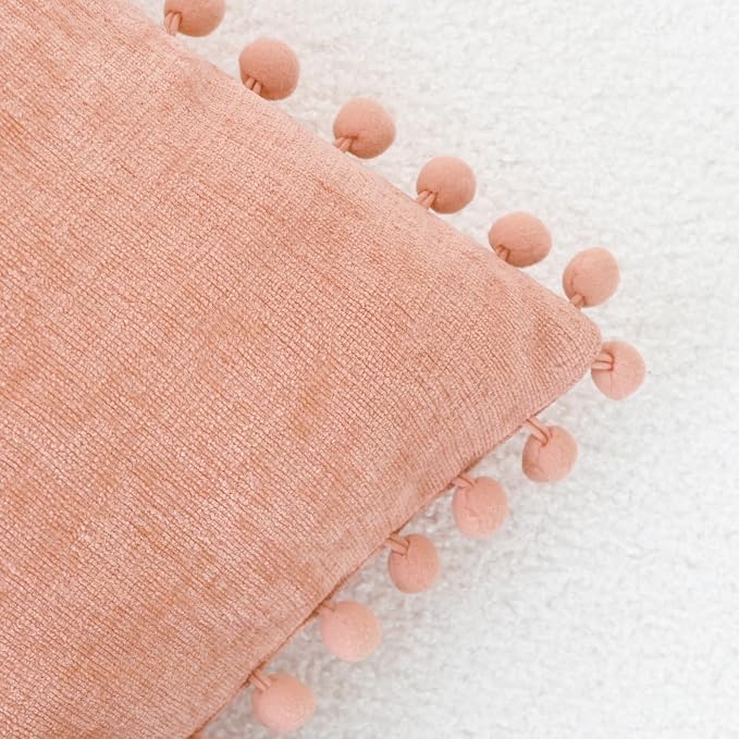 CaliTime Decorative Couch Throw Pillow Covers 20 X 12 Inches Dusty Pink | Pack of 2, Cozy Chenille Cushion Cases, with Pom Poms for Sofa Bed Living Room Farmhouse Home