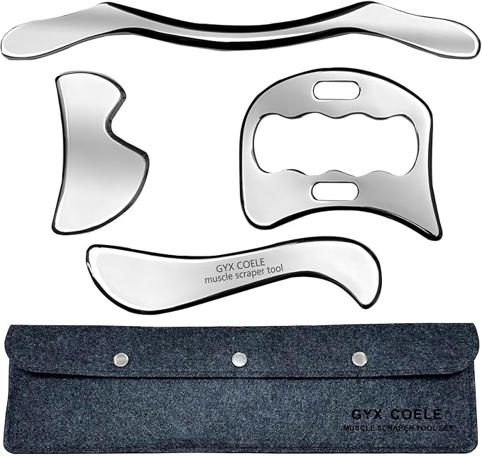 4 in 1 Stainless Steel Gua Sha Muscle Scraper Tool, Professional IASTM Physical Therapy Tool Set for Massage and Scraping （4pcs Carry Bag）