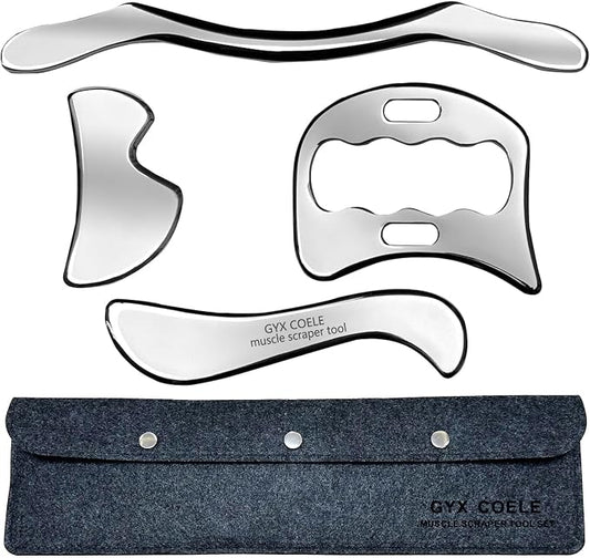 4 in 1 Stainless Steel Gua Sha Muscle Scraper Tool, Professional IASTM Physical Therapy Tool Set for Massage and Scraping （4pcs Carry Bag）