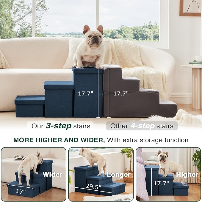 Love's cabin Dog Stairs for High Bed, Foldable Pet Stairs for Small Medium or Large Dogs Puppy with Storage for Bed or Couch, Cat Dog Steps Ramp with Zip up to 200 lbs, Navy Blue, 3 Steps