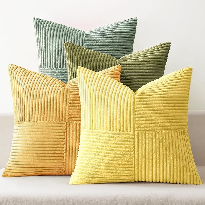 MIULEE Boho Farmhouse Spring Decorative Throw Pillow Covers 18x18 Inch 4 Packs Soft Vintage Pillow Cases Modern Corduroy Patchwork Cushion Covers for Couch Sofa Bed Summer Home Decor, Yellow Green