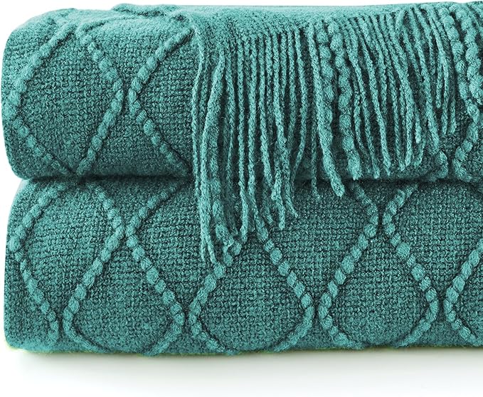 inhand Blue Knitted Throw Blanket for Couch and Bed, 60"x80" | Soft Cozy Knit Blanket with Tassel, Lightweight Decorative Blankets and Throws, Farmhouse Warm Woven for Men and Women