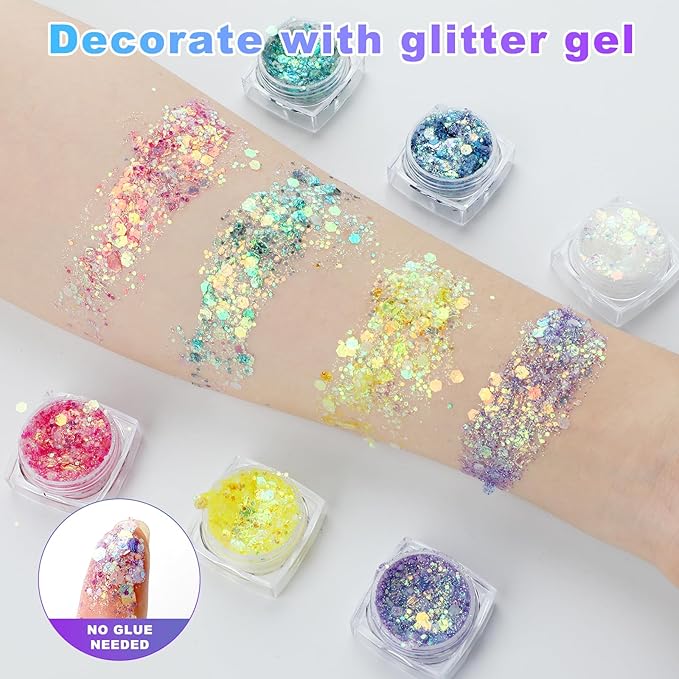 6 Colors Glow in The Dark Glitter Gel for Face Body and Hair, UV Black Light Makeup Glitter Gel for Raves Festivals Party Halloween (Type 2)