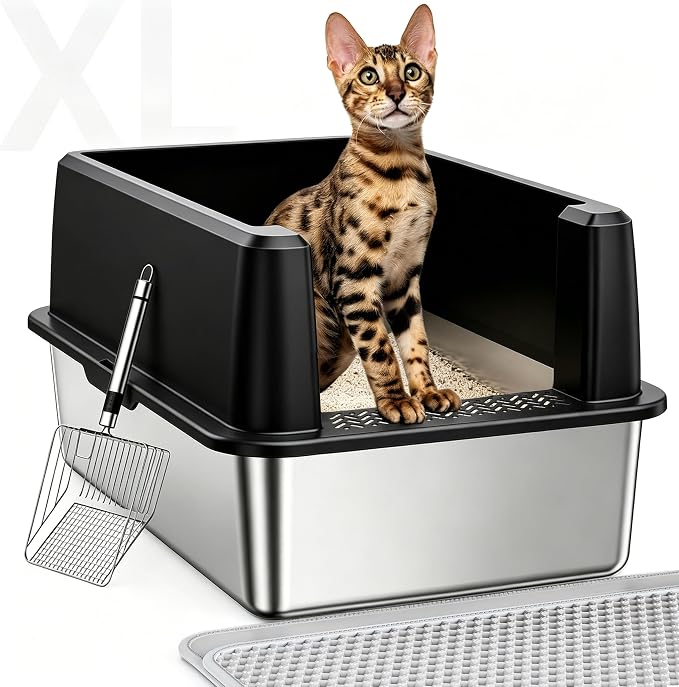 WoofiGo XL Stainless Steel Litter Box, High Sided Litter Pan for Big Cats | XL for Big Cats, Anti-Urine Leakage, Non-Stick Odor-Free, Easy Clean, High Sides Block Spray, Reduce Litter Tracking, Durable