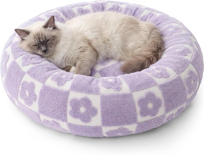 LE SURE Shown on TV Jacquard Donut Cat Beds Indoor,Flower Checks 20x20x6in | Orthopedic Calming Puppy Bed,Cute Original Design Pattern,Washable Cover, Home Decor as Gift for Pet ,Anti Slip Bottom