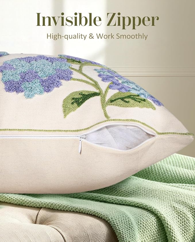 Embroidered Throw Pillow Cover - 18x18 Decorative Pillow Cover with Zipper Aesthetic Cute Design Boho Spring Summer Cozy Throw Pillowcase for Living Room Couch Sofa Bed, Blue Hydrangea